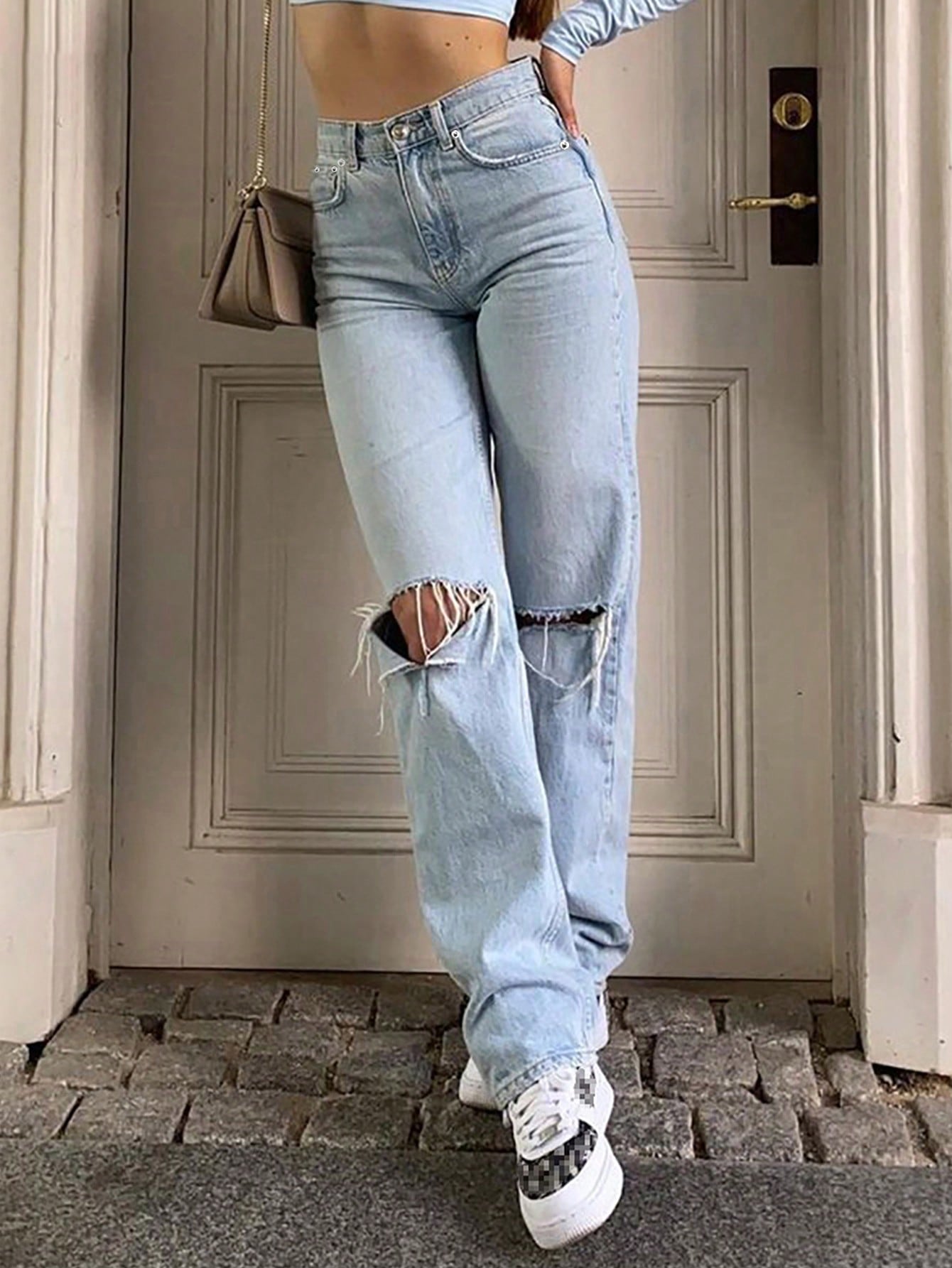 Women's Distressed Straight Leg Jeans, Vintage Casual Outdoor Style, Light Gray For Winter, Suitable For Thanksgiving And New Year
