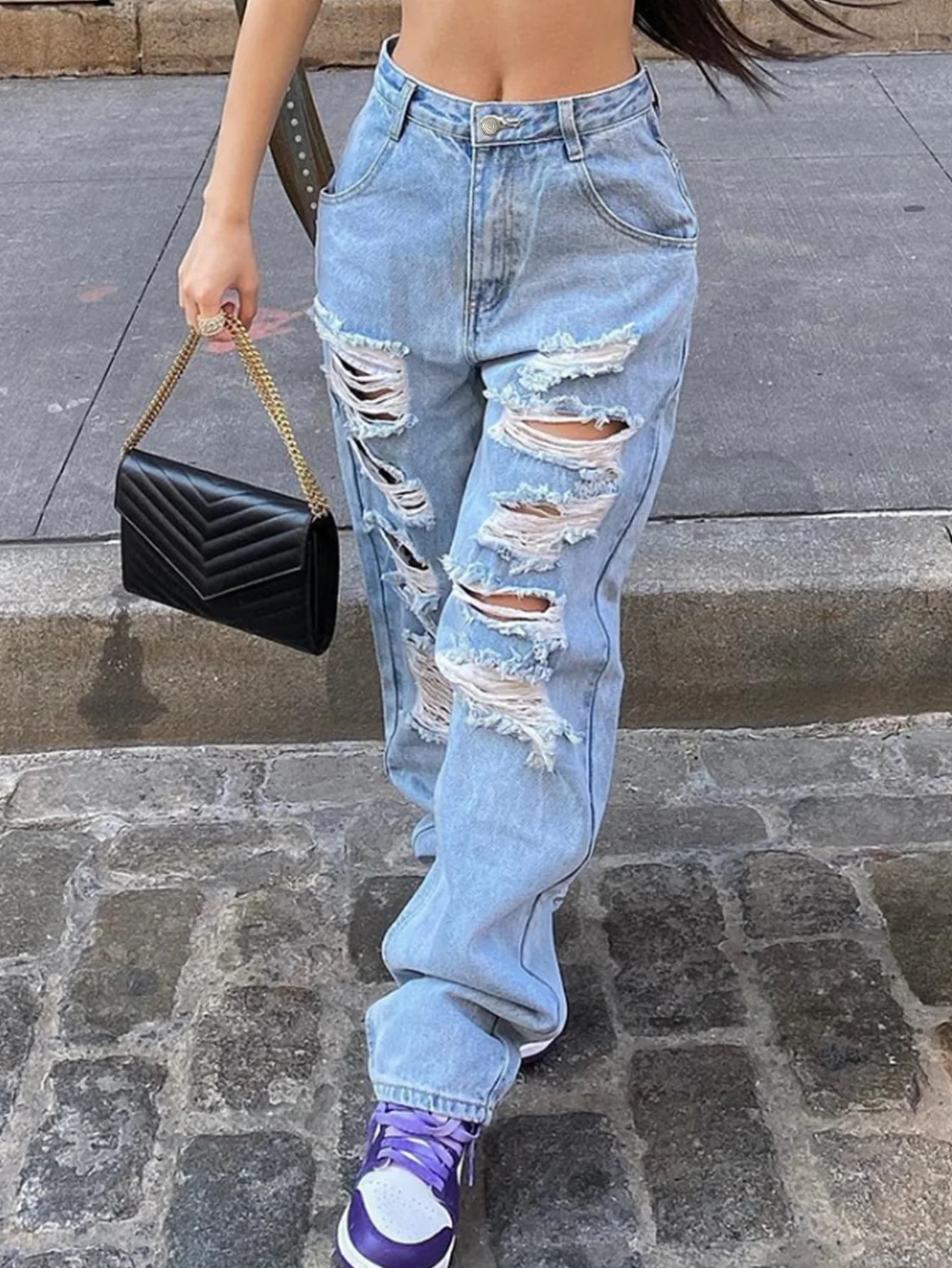 High-waisted Ripped Jeans Women Straight Straight Fit Type Ripped Design Casual Style Machine Washable Non-Strecth Jeans